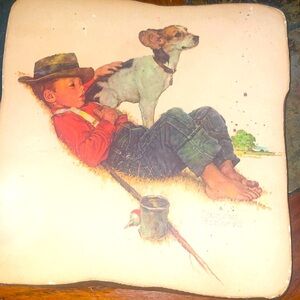 vintage Norman Rockwell wood plaque boy and dog wall artwork